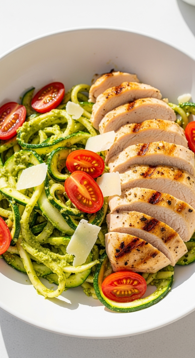 Garlic-grilled chicken with pesto-coated zucchini ribbons, cherry tomatoes, and Parmesan shavings in a white bowl, captured in bright natural light for a fresh, high-protein, low-carb summer meal.