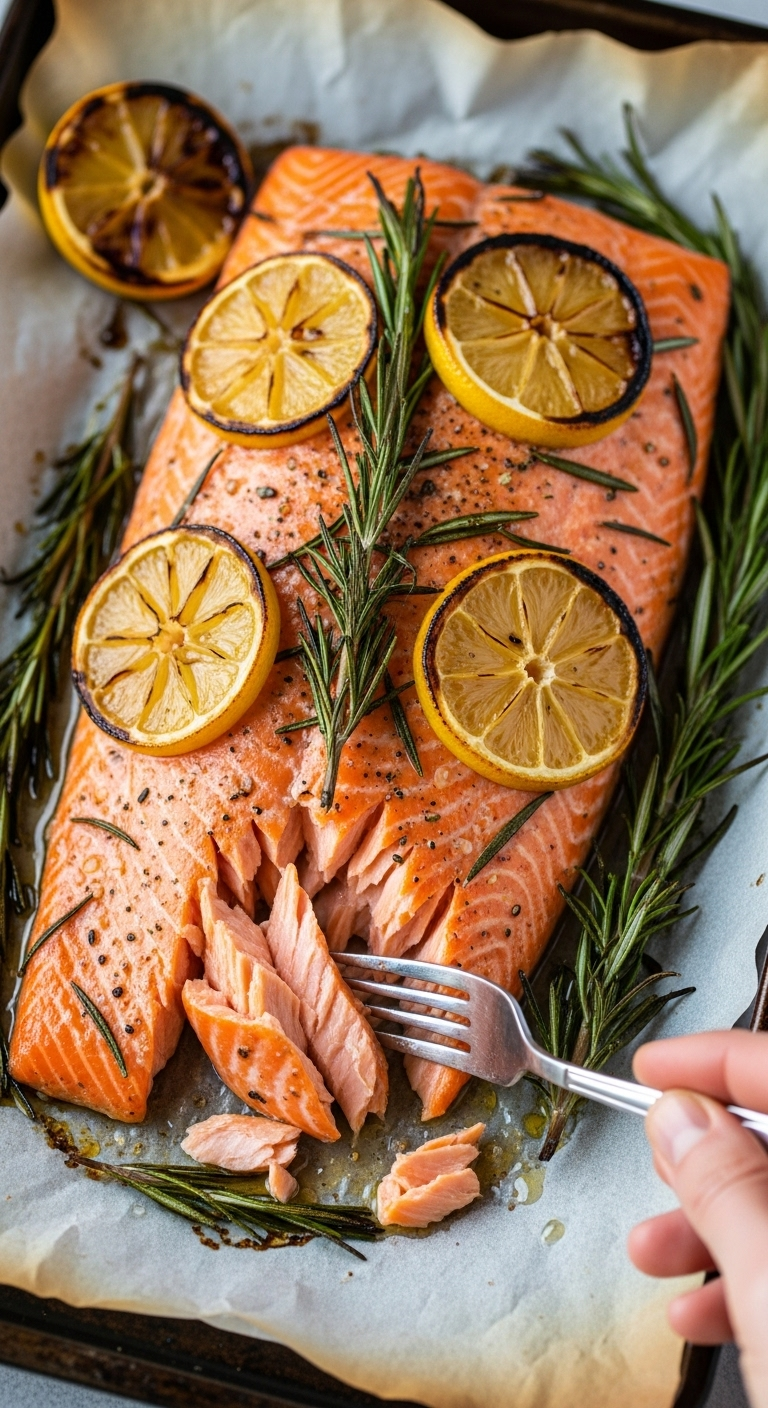 30-minute rosemary salmon fillet on parchment paper with caramelized lemon slices and crisped rosemary, flaked with a fork to reveal a juicy interior, captured in warm, rustic lighting for a high-protein, low-carb recipe.