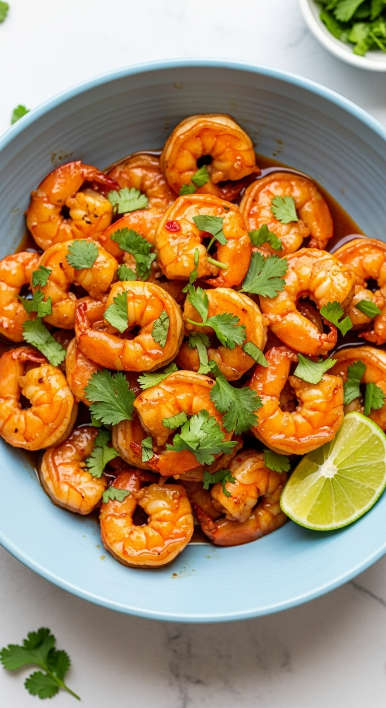 Quick chili lime shrimp glistening with sauce and topped with fresh cilantro in a light blue bowl, garnished with a lime wedge, captured in bright natural light for a high-protein, low-carb recipe.