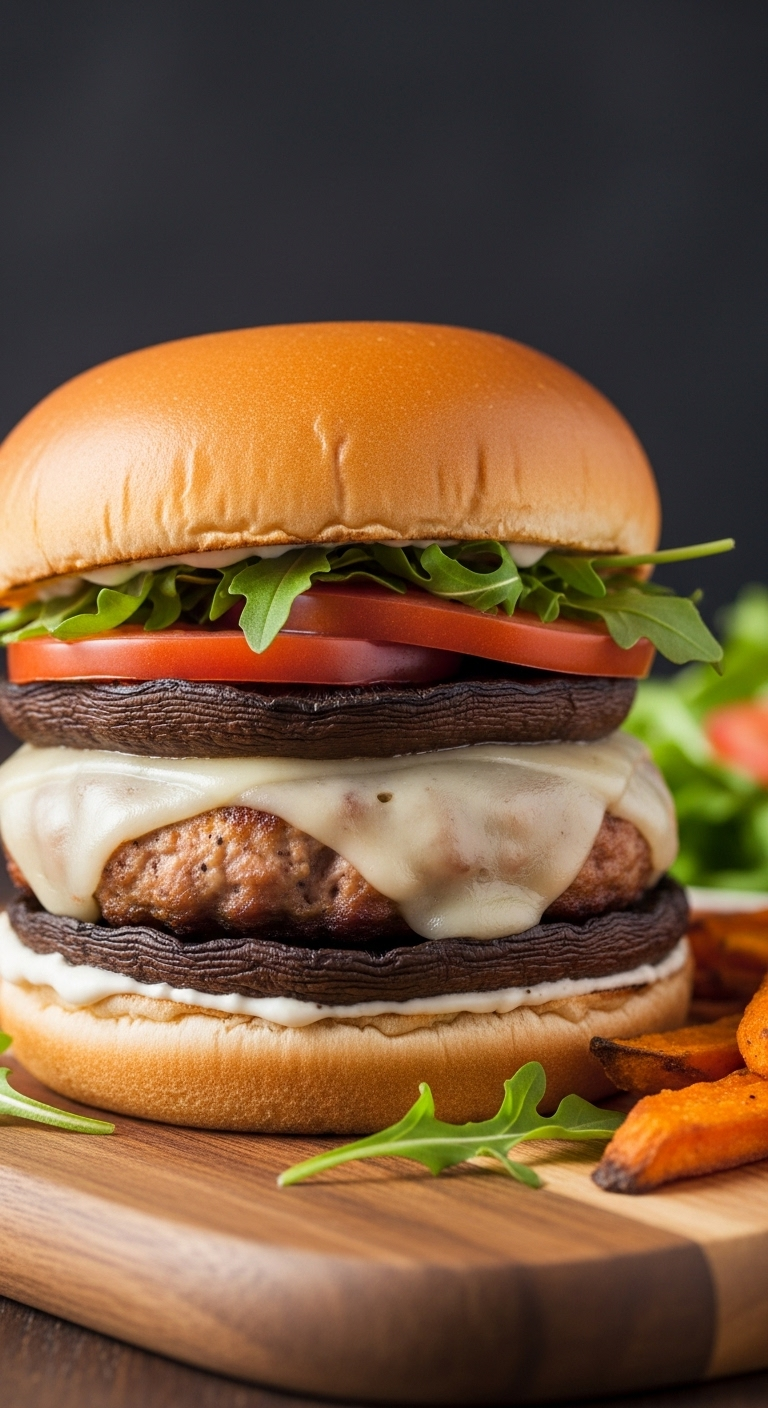 Mushroom-Swiss turkey burger without a bun, layered with melted Swiss cheese, arugula, and tomato between grilled portobello caps, served on a wooden board with sweet potato fries in warm, rustic lighting for a high-protein, low-carb meal.