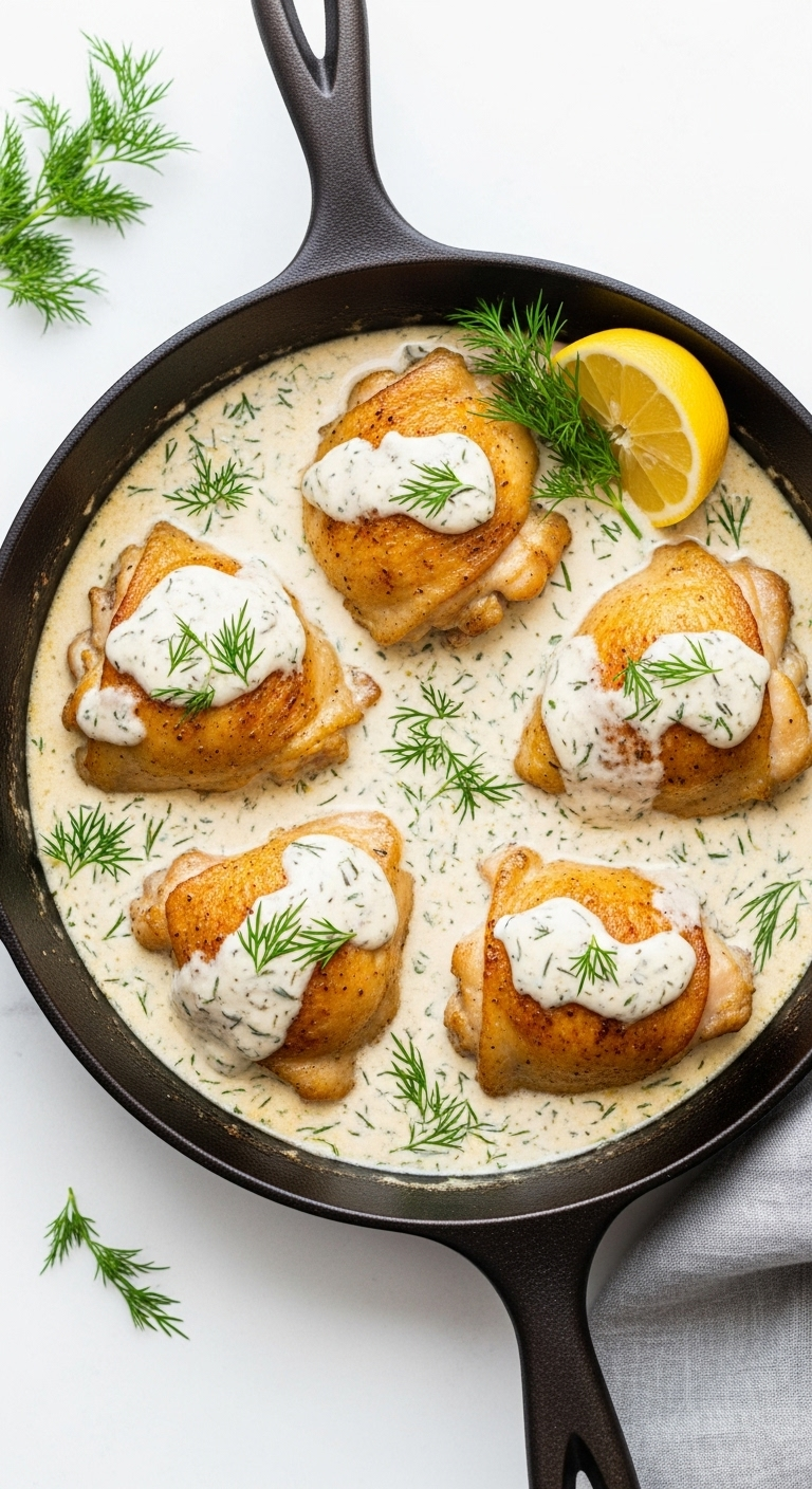 Creamy lemon and dill skillet chicken with golden-brown thighs in a rich, dill-flecked sauce, garnished with lemon and fresh dill, captured in soft, elegant lighting for a high-protein, low-carb recipe.