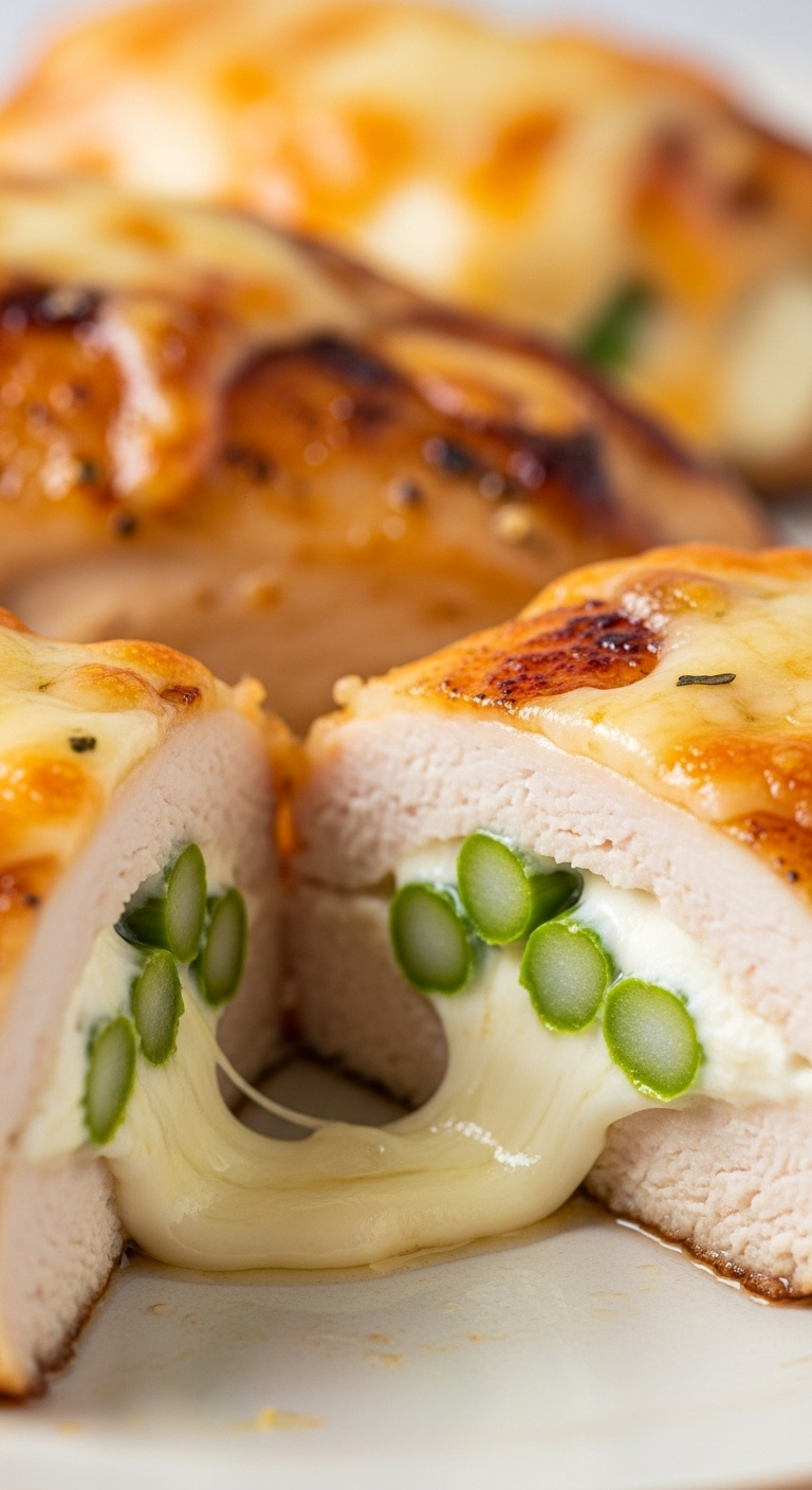 Cheesy asparagus stuffed chicken breast sliced open to reveal melted mozzarella, cream cheese, and bright green asparagus inside, with golden seared edges and warm lighting for a high-protein, low-carb recipe.