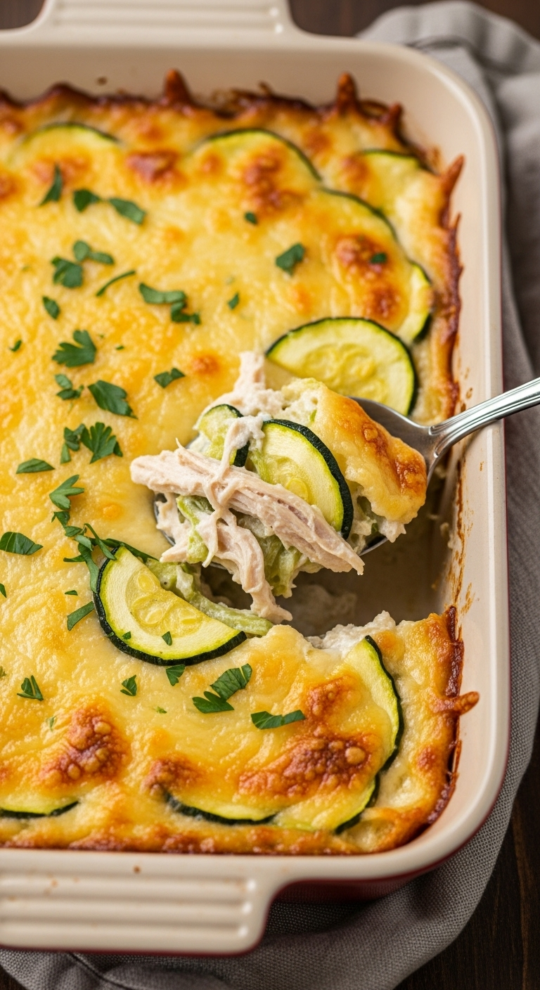 Creamy chicken and zucchini casserole in a rustic baking dish with golden baked cheese, shredded chicken, and fresh parsley, captured in warm, cozy lighting for a high-protein, low-carb recipe blog post.