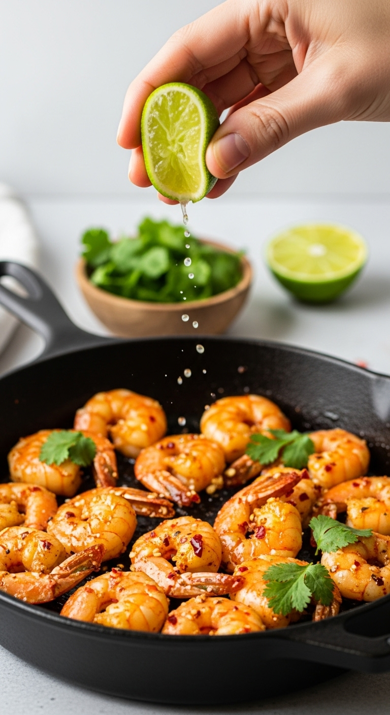 Chili lime shrimp sizzling in a cast-iron skillet with lime juice mid-squeeze and fresh cilantro nearby, captured in vibrant lighting for a low carb low calorie recipe.