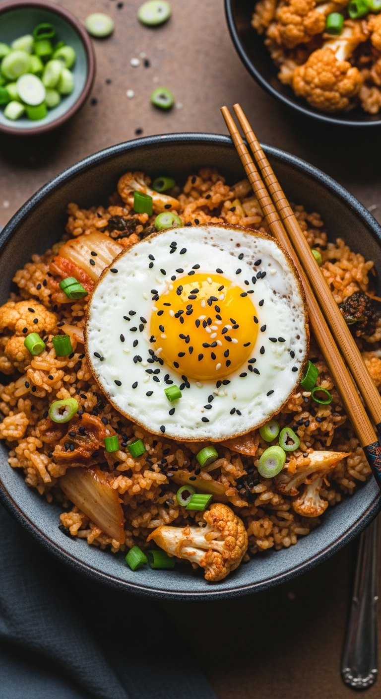 Top-down view of kimchi cauliflower fried rice topped with a runny fried egg, black sesame seeds, and green onions in a dark ceramic bowl with chopsticks, styled for a low carb low calorie recipe.
