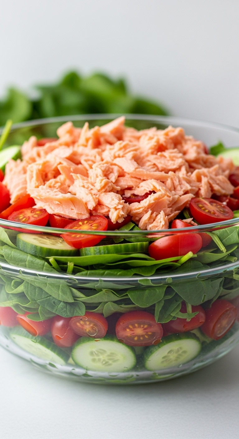 Fresh salmon and spinach salad with cherry tomatoes and cucumbers in a clear glass bowl, captured in bright natural light for a vibrant low carb low calorie recipe.