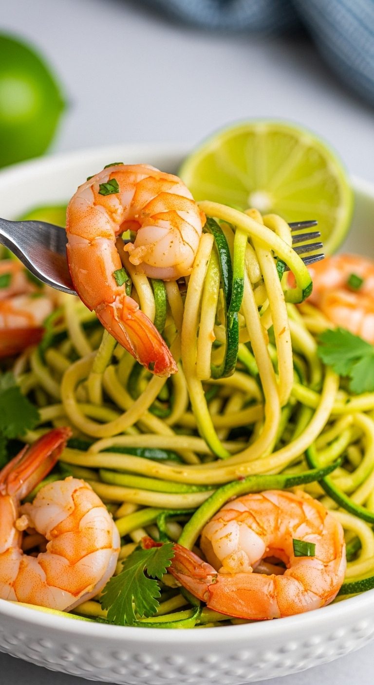 Close-up of fork twirling saucy zucchini noodles with tequila lime shrimp, garnished with cilantro and lime in a white bowl, captured in bright festive lighting for a low carb low calorie recipe.