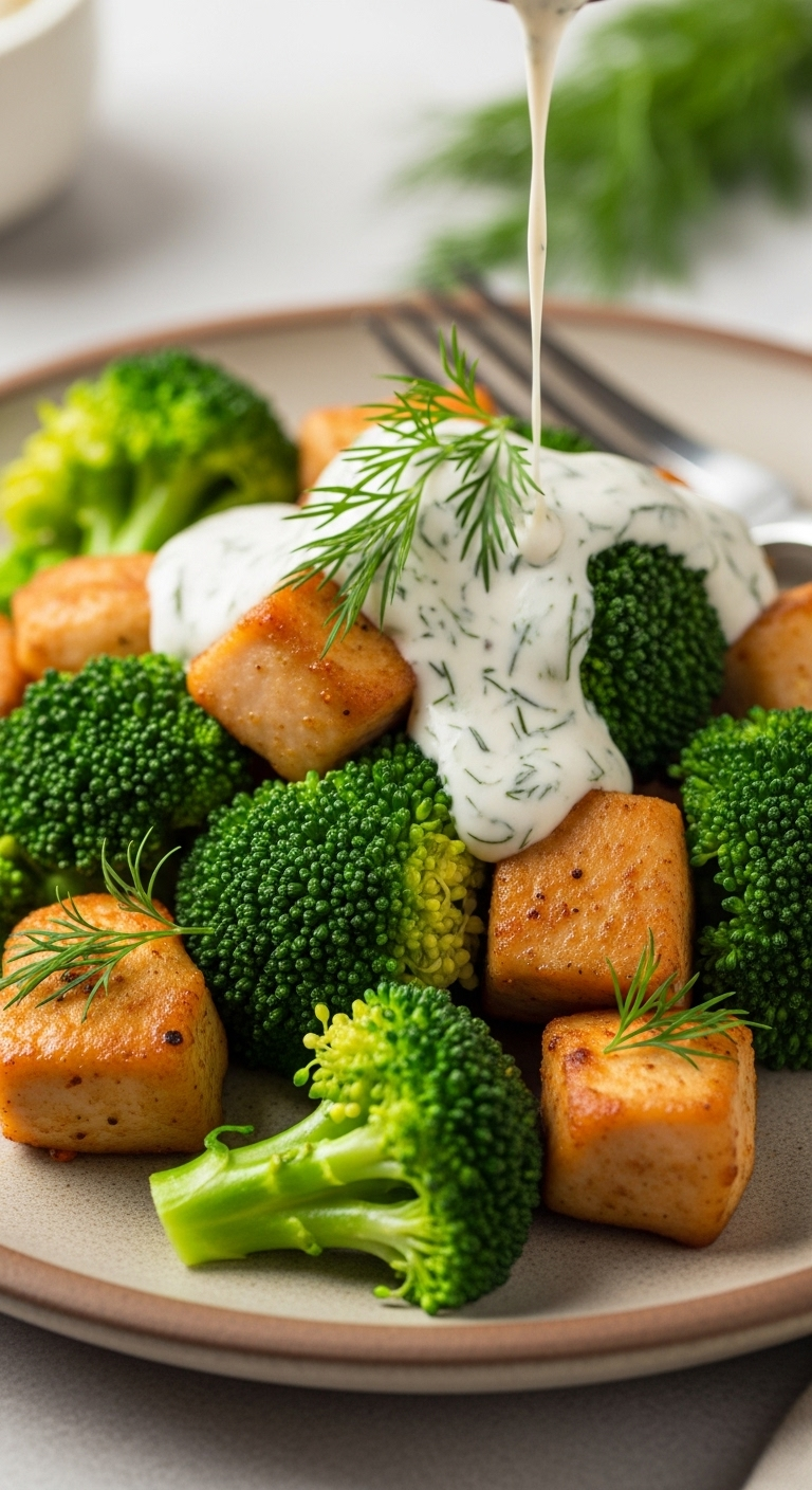 Golden-brown chicken and vibrant broccoli topped with creamy dill sauce and fresh dill on an earthy plate, captured in warm, soft lighting for a comforting low carb low calorie recipe.