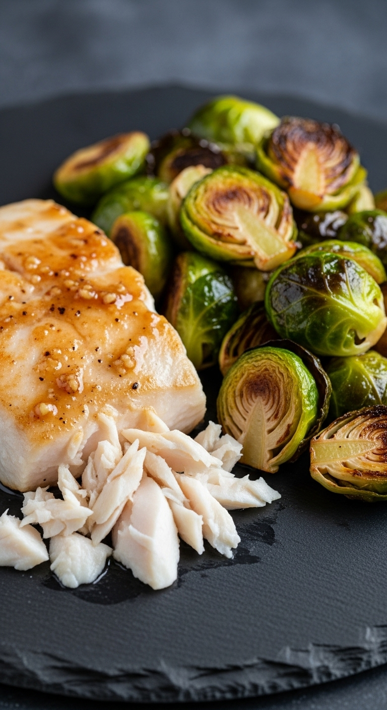 Close-up of seared ginger-glazed halibut with tender flakes beside caramelized Brussels sprouts on a dark slate plate, captured in refined gallery-style lighting for a low carb low calorie recipe.