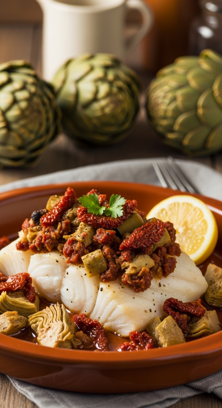 Rustic baked cod fillet topped with artichokes and sun-dried tomatoes, garnished with parsley and lemon on a terracotta dish, bathed in warm Mediterranean light for a low carb low calorie recipe.