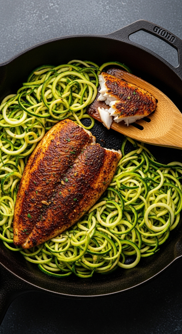 Overhead view of blackened tilapia on vibrant zucchini noodles in a cast-iron skillet, with a wooden spatula revealing the flaky white interior, captured in bold, dramatic lighting for a low carb low calorie recipe.