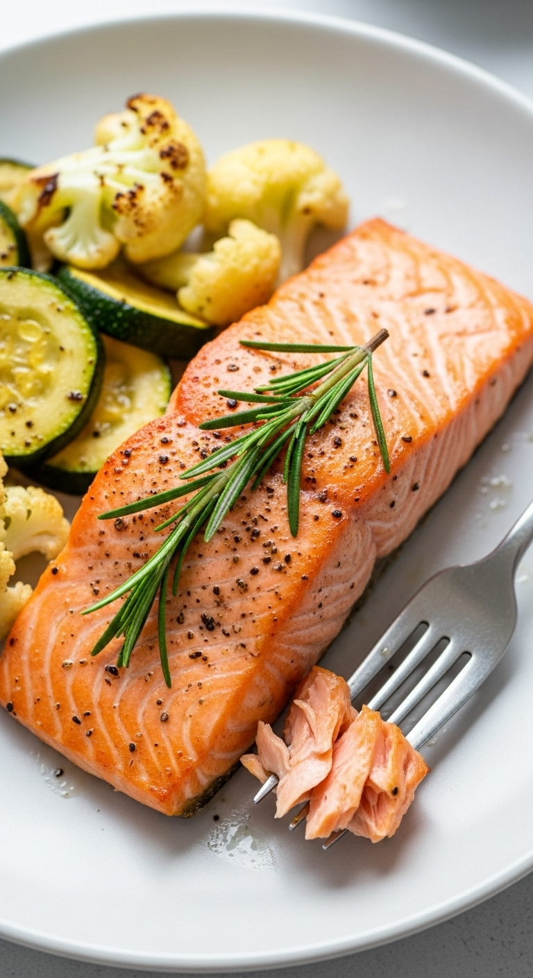 Photorealistic close-up of crispy rosemary salmon fillet with roasted zucchini and cauliflower on a white plate, flaked with a fork, in bright natural lighting for a low carb low calorie recipe.