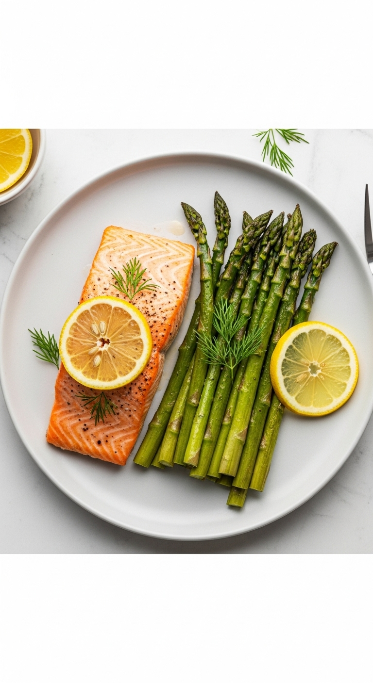 Baked salmon fillet with flaky texture served alongside roasted asparagus and lemon slices on a light-colored plate, garnished with fresh dill, captured in clean, bright natural light for a low-carb, low-fat healthy meal.