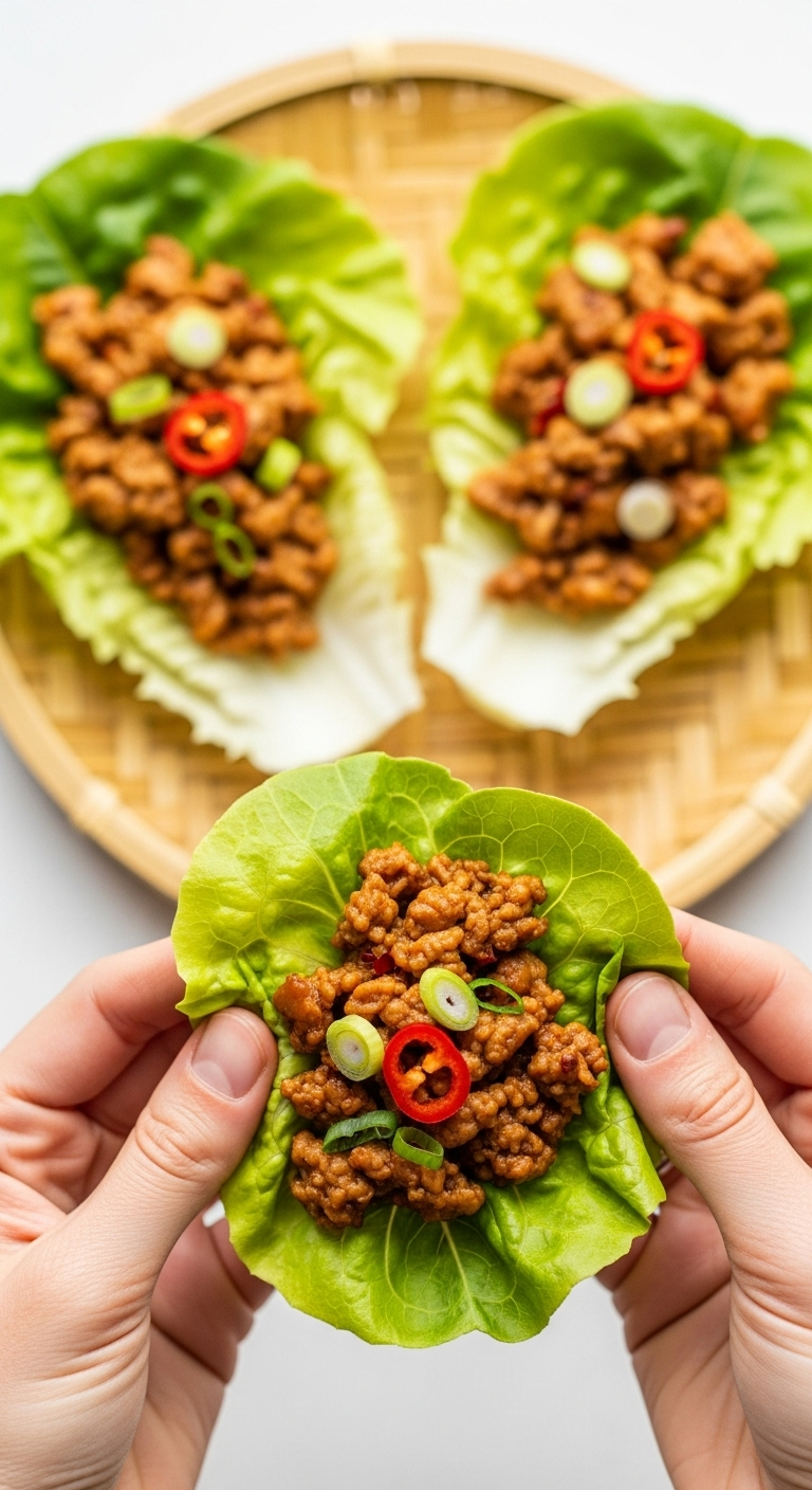Asian-inspired turkey lettuce wraps with rich brown filling and vibrant green lettuce, hands holding one wrap ready to eat, arranged on a bamboo platter, captured in bright, fresh lighting highlighting crisp texture for a low-carb, low-fat healthy meal.