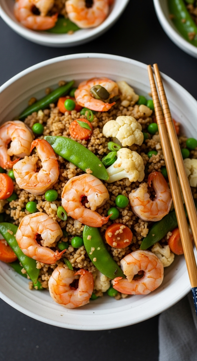 Shrimp and cauliflower fried rice in a ceramic bowl with colorful peas, carrots, and soy sauce glaze, topped with plump shrimp and served with chopsticks, captured in warm, soft lighting for a cozy low-carb, low-fat meal.