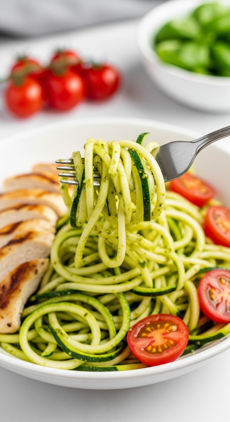 Close-up of zucchini noodles coated in vibrant green pesto, twirled on a fork with grilled chicken slices and cherry tomatoes in a white bowl, captured in bright natural light for a fresh, healthy low-carb, low-fat meal.