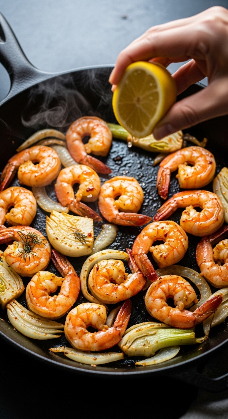 Close-up of spicy pink shrimp and translucent fennel slices in a dark cast-iron skillet, with a hand squeezing lemon over the dish, highlighted by warm, moody lighting and rising steam for a fresh low-carb, low-fat recipe.