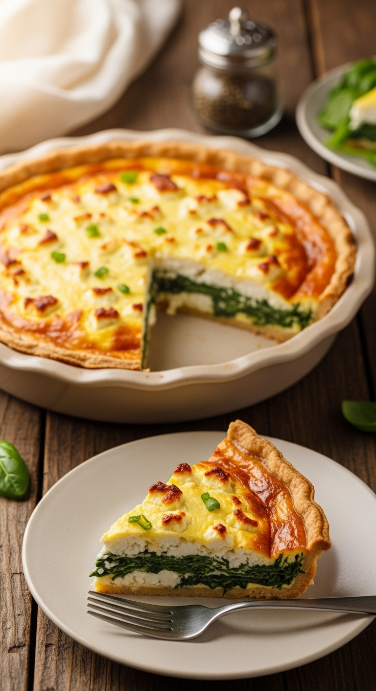 Golden crustless quiche with spinach and feta in a rustic ceramic dish, one slice plated showing layers of melted feta and spinach, bathed in soft morning light for a cozy low-carb, low-fat brunch recipe.
