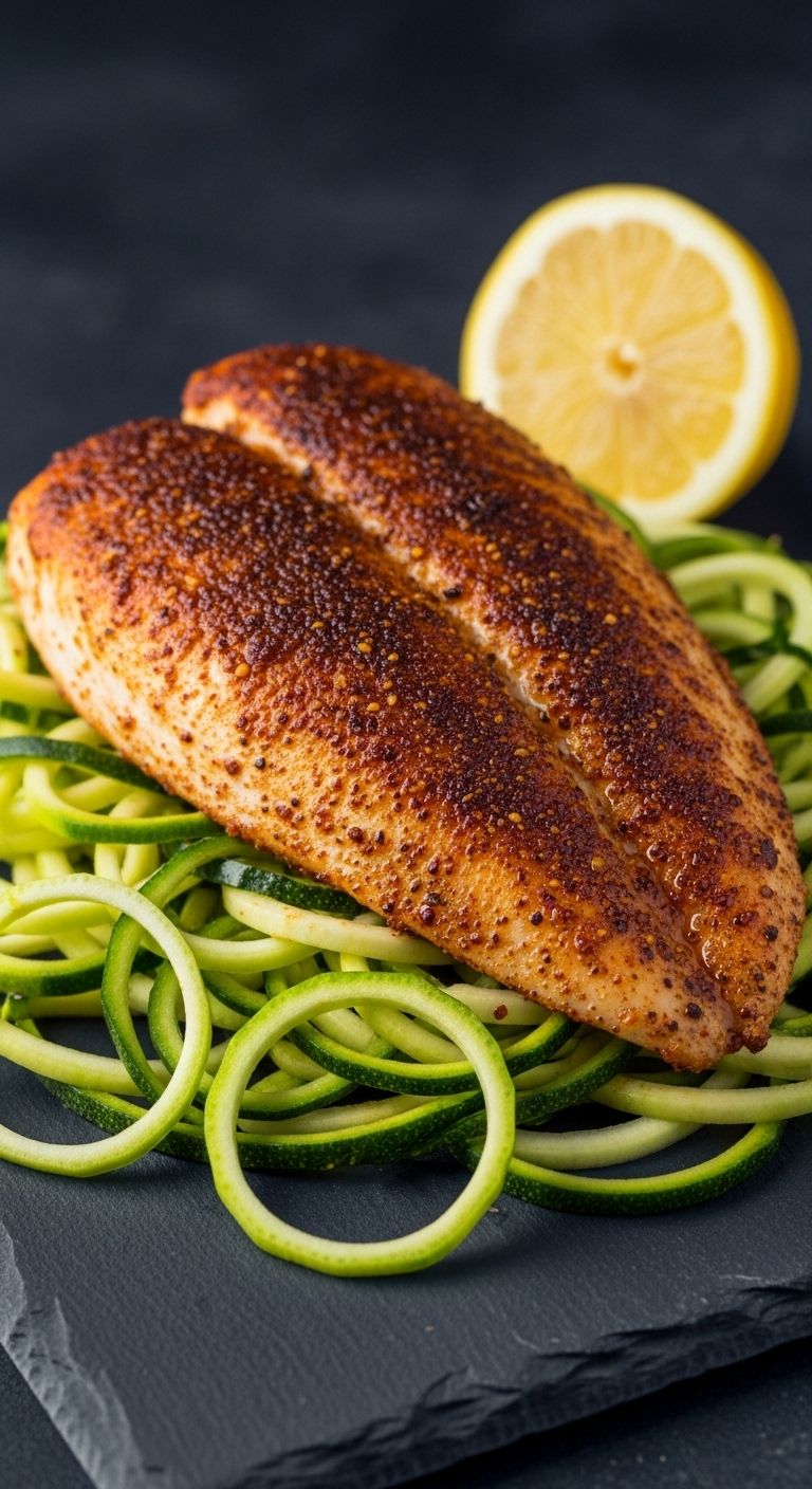 Blackened tilapia fillet with spicy crust served on bright green zucchini noodles on a dark slate plate, garnished with a lemon wedge, showcasing bold contrast and vibrant colors in a low-carb, low-fat healthy meal.
