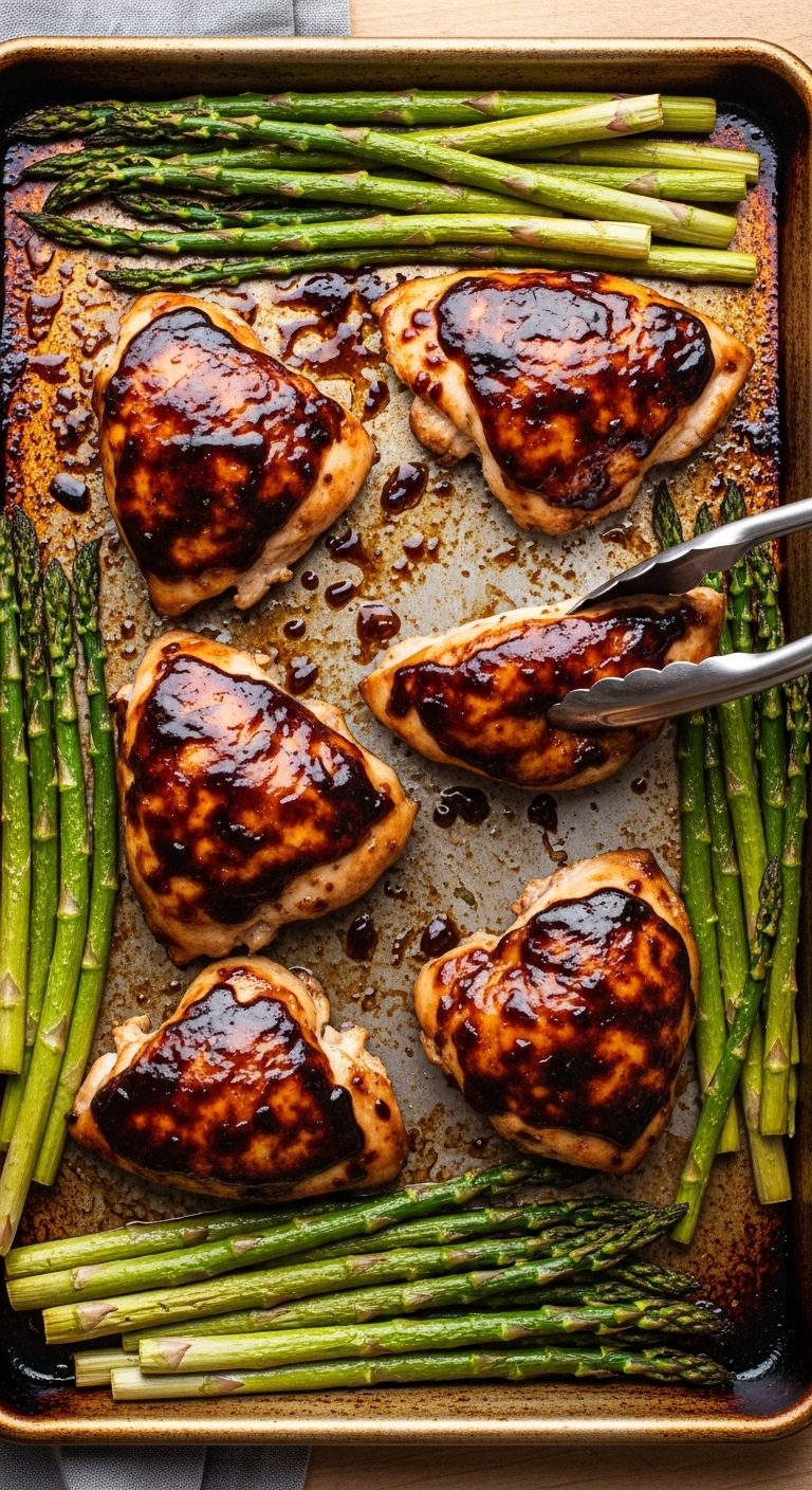 Sheet pan balsamic-glazed chicken with roasted bright green asparagus, captured overhead showing juicy chicken lifted by tongs, warm rustic lighting highlighting the glossy glaze in a low-carb, low-fat healthy dinner.