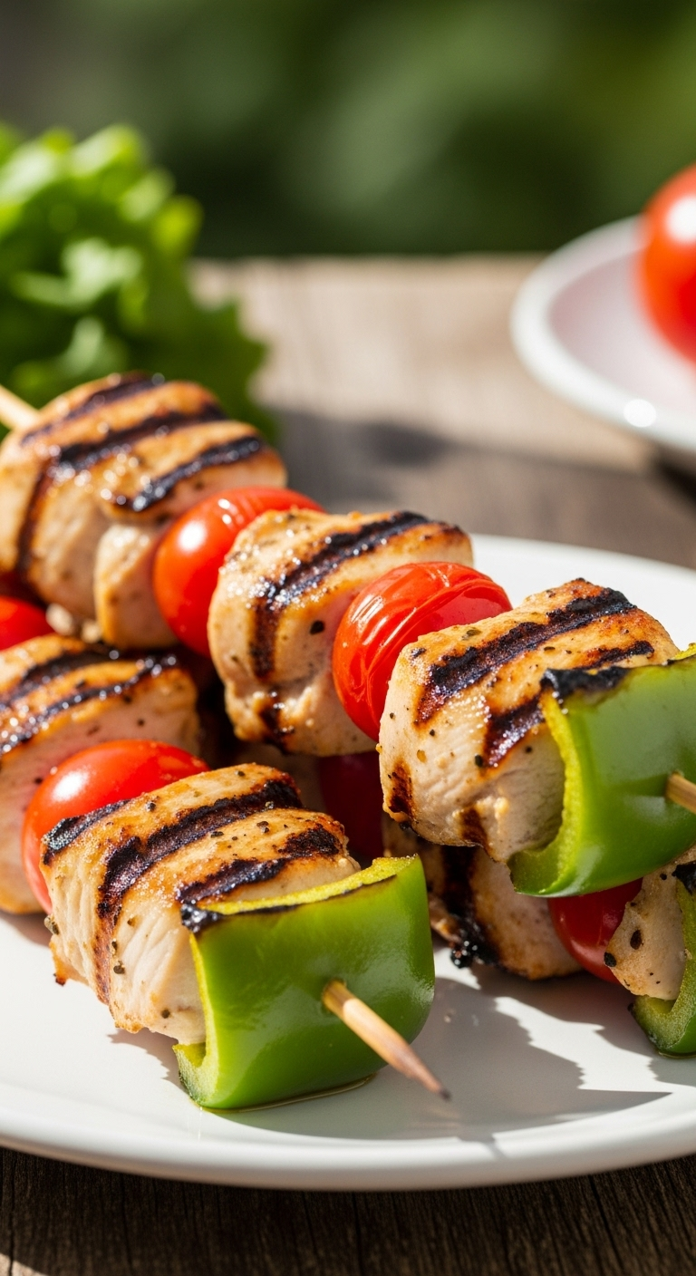 Grilled chicken and vegetable skewers with golden char, vibrant bell peppers and cherry tomatoes on a white plate, captured in bright natural outdoor light with grill marks and rustic background for a healthy low-carb, low-fat summer barbecue meal.