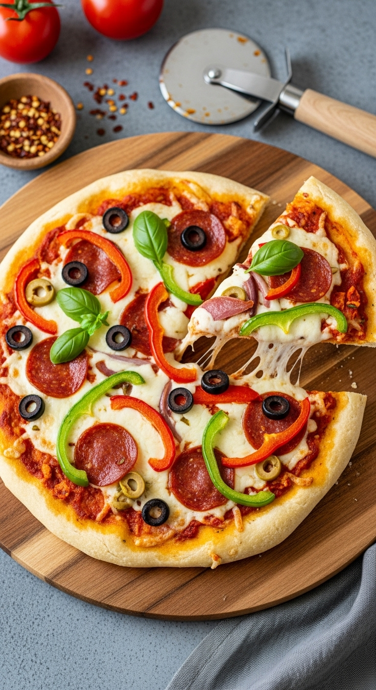 Freshly baked cauliflower pizza with golden-brown crust, melted cheese pull, and toppings of pepperoni, bell peppers, and olives on a wooden board, captured in warm, rustic lighting for a low-carb, low-sugar recipe.