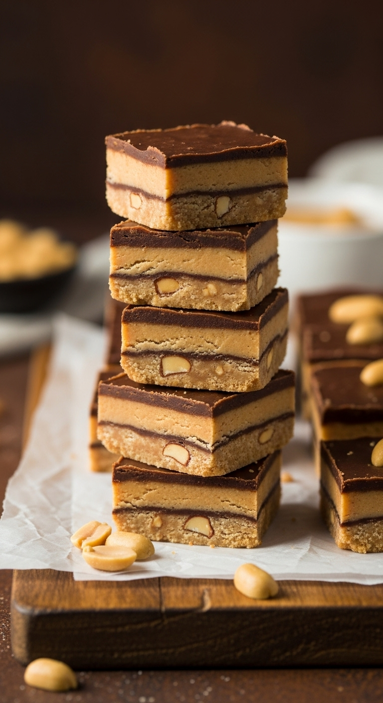 Stack of keto peanut butter fudge squares with distinct chocolate and peanut butter layers, scattered peanuts on a rustic wooden board, captured in warm, cozy lighting highlighting the smooth, creamy texture for a low-carb, low-sugar dessert.