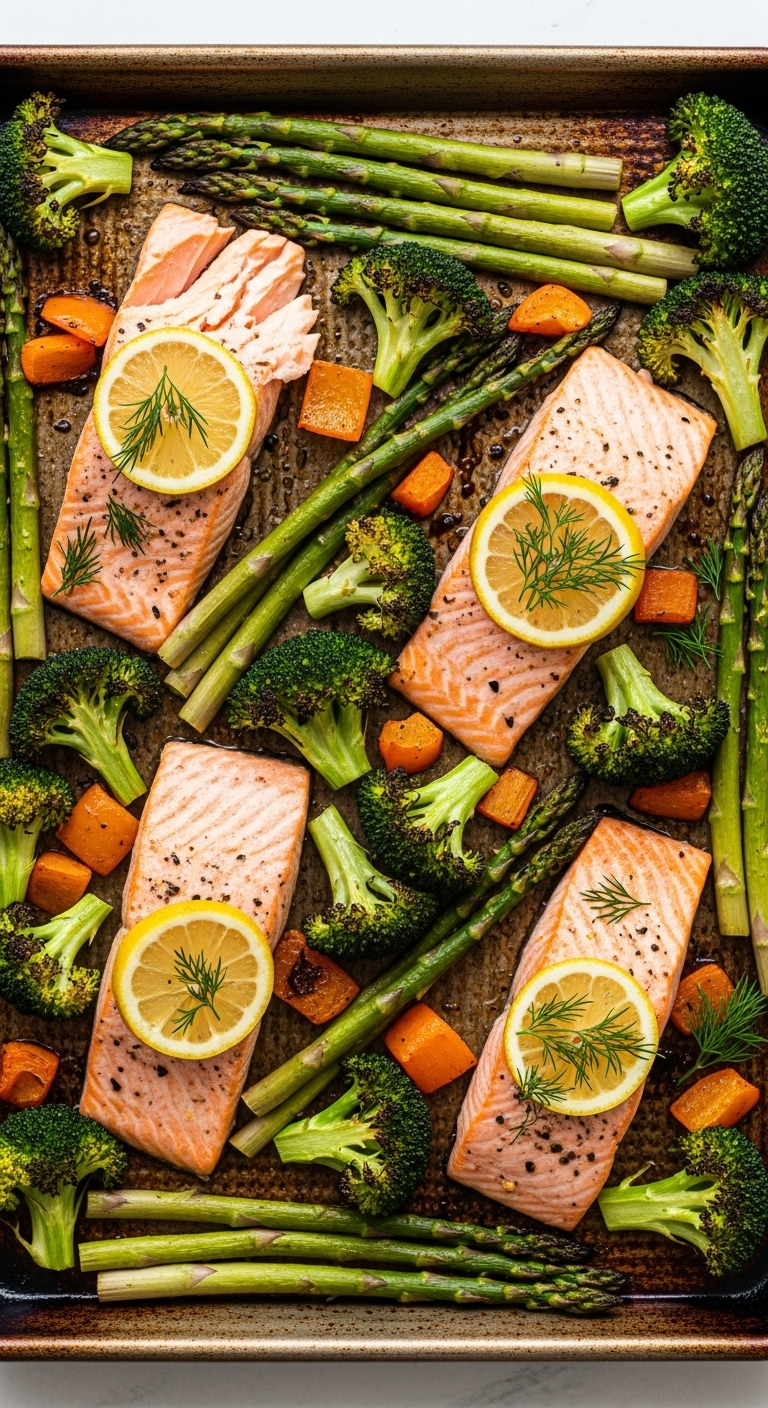 Roasted salmon fillets with fresh dill and lemon on a sheet pan with charred broccoli and asparagus, captured in bright natural light for a fresh, healthy, low-carb, low-sugar meal.