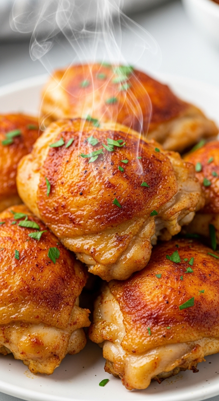 Golden, crispy air fryer chicken thighs piled on a white plate with steam rising and fresh parsley garnish, captured in bright lighting highlighting the crunchy skin texture for a low-carb, low-sugar hearty meal.