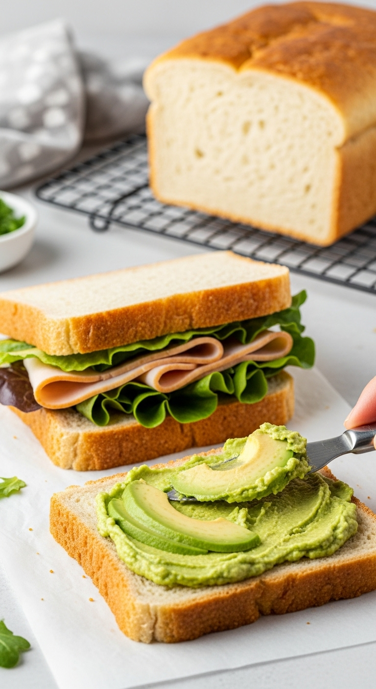 Keto cottage cheese bread sandwich with soft golden-brown crust, fresh lettuce, sliced turkey, and avocado spread, shown in bright natural morning light with a whole loaf cooling in the background for a low-carb, low-sugar recipe.