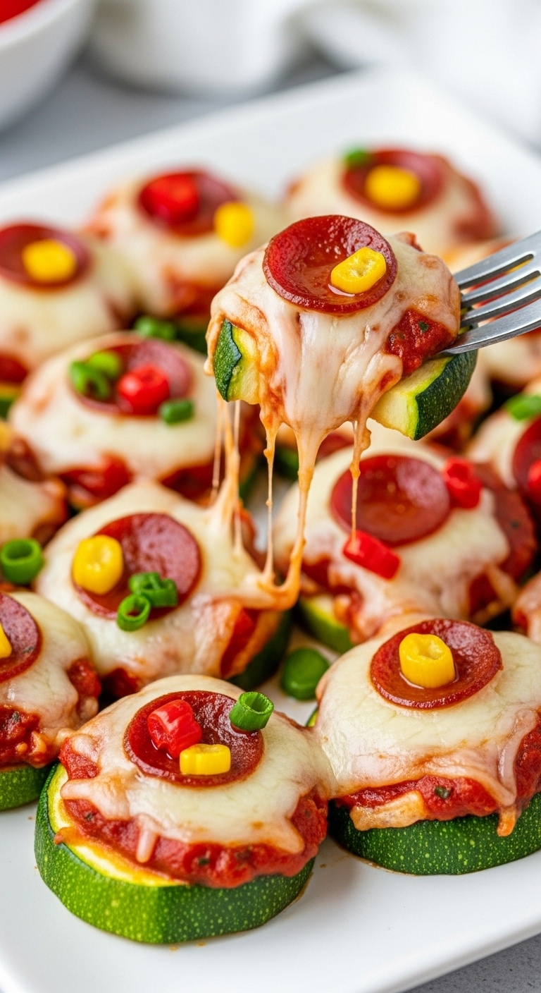 Zucchini pizza bites with golden bubbling cheese and mini pepperonis on a white plate, one bite lifted with a fork showing tender zucchini base, captured in bright, fun lighting for a low-carb, low-sugar party appetizer.