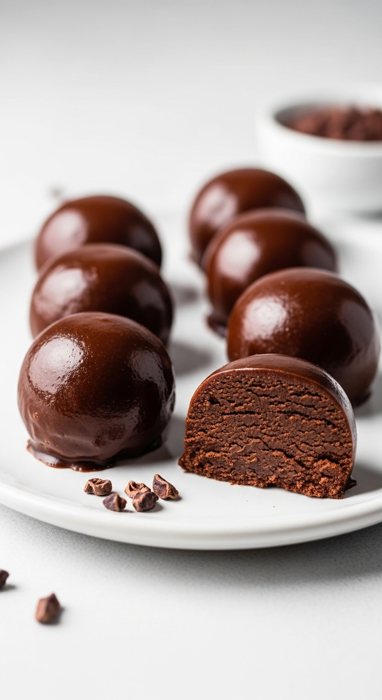 Glossy bite-sized keto chocolate fat bombs with smooth coconut oil finish, arranged on a white plate, one cut open to reveal rich fudge-like interior, with cocoa nibs scattered nearby, captured in clean, modern bright lighting for a low-carb, low-sugar treat.