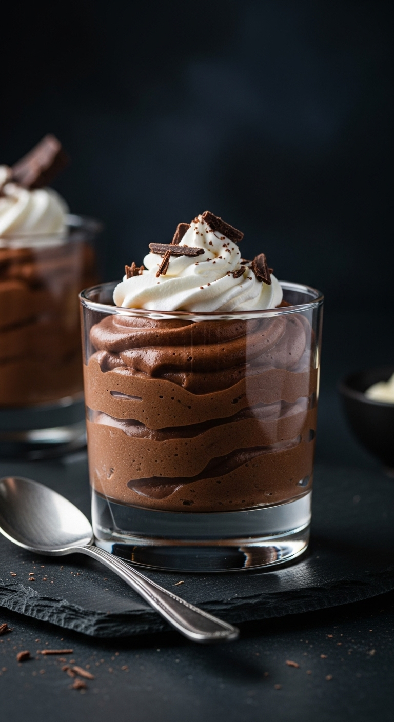 Luxurious keto chocolate mousse in a clear glass with airy whipped texture, topped with whipped cream and chocolate shavings, set on a dark slate surface with a silver spoon, captured in elegant, moody lighting for a low-carb, low-sugar dessert.