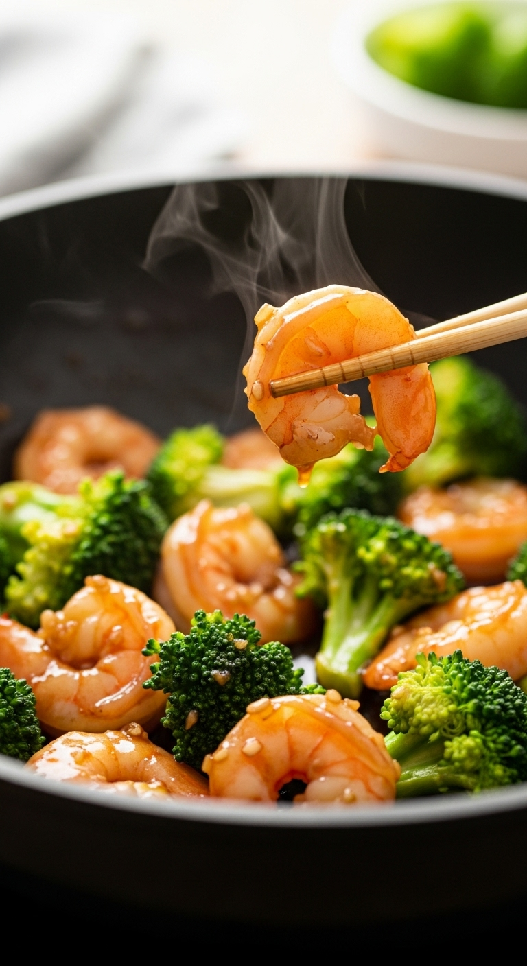 Close-up of honey garlic shrimp and broccoli in a black wok, with chopsticks lifting a glistening shrimp, showcasing rich sauce, vibrant greens, and warm lighting for a healthy and appetizing weeknight dinner.