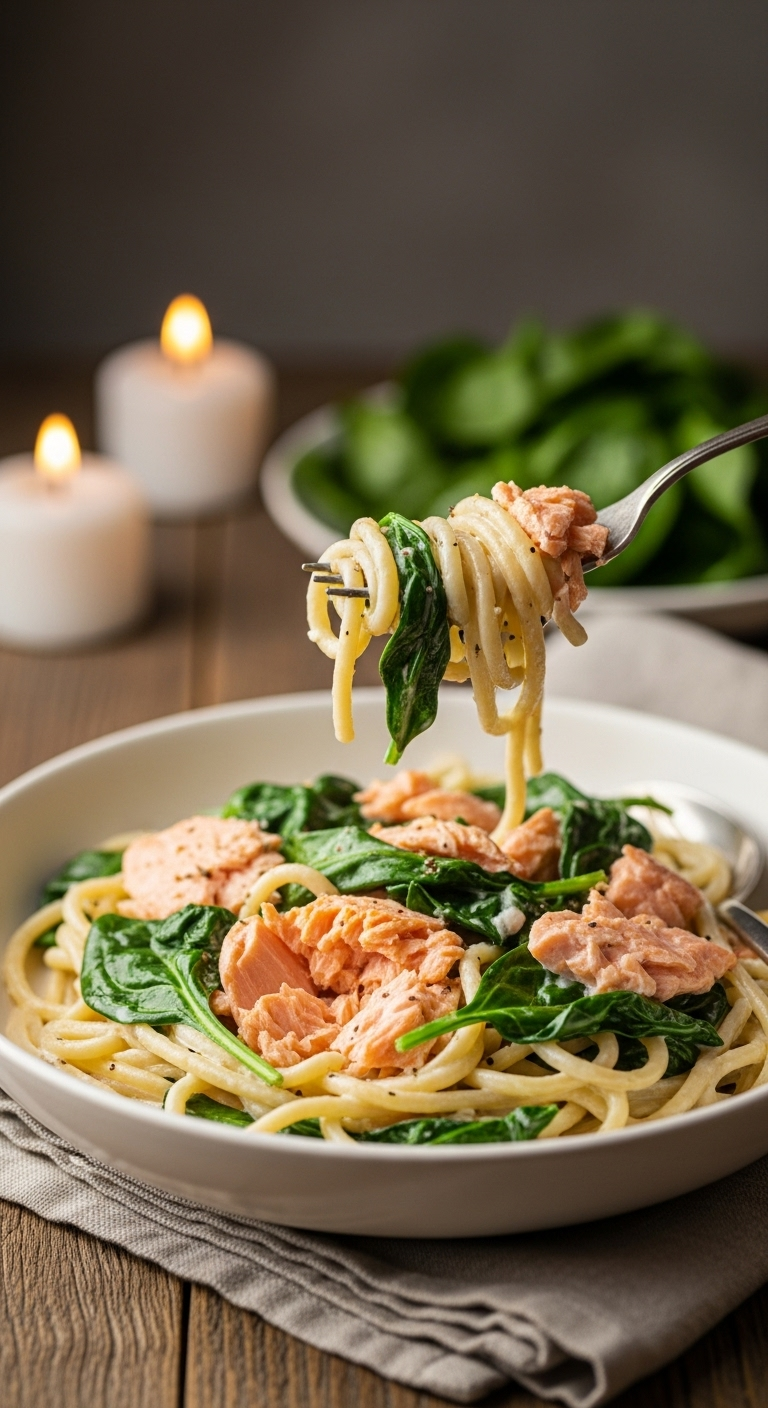 Creamy salmon pasta in a rustic bowl with a fork lifting a twirl of noodles, revealing flaky salmon and wilted spinach, set on a wooden table with cozy, warm lighting for a comforting healthy dinner.