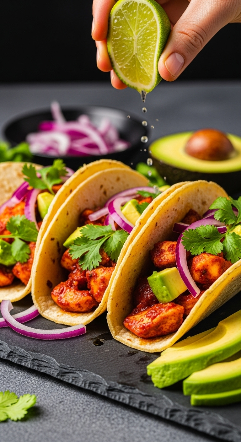 Close-up of vibrant Sriracha chicken tacos on a slate board with colorful toppings, a lime being squeezed in the background, and dramatic lighting highlighting the juicy filling and festive weeknight dinner vibe.