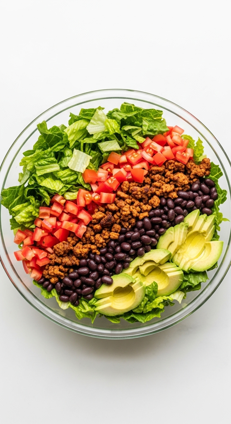 Overhead shot of a vibrant ground turkey taco salad in a clear glass bowl with colorful ingredients like lettuce, tomatoes, black beans, avocado, and seasoned meat arranged in fresh, clean sections under natural bright lighting.