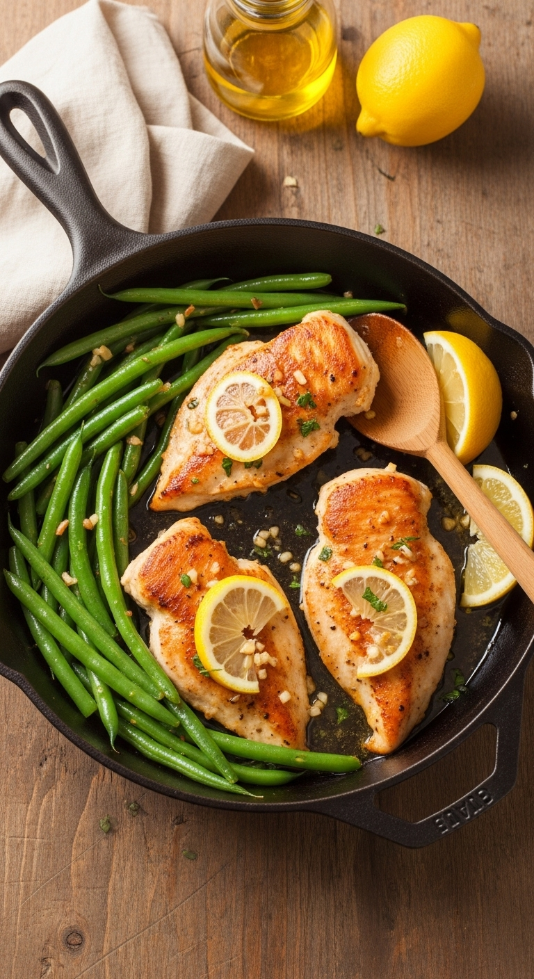 Seared chicken breasts and green beans in a cast-iron skillet with lemon garlic butter sauce, warm golden lighting, and rustic details like a wooden spoon and fresh lemon wedges for a cozy, healthy dinner.