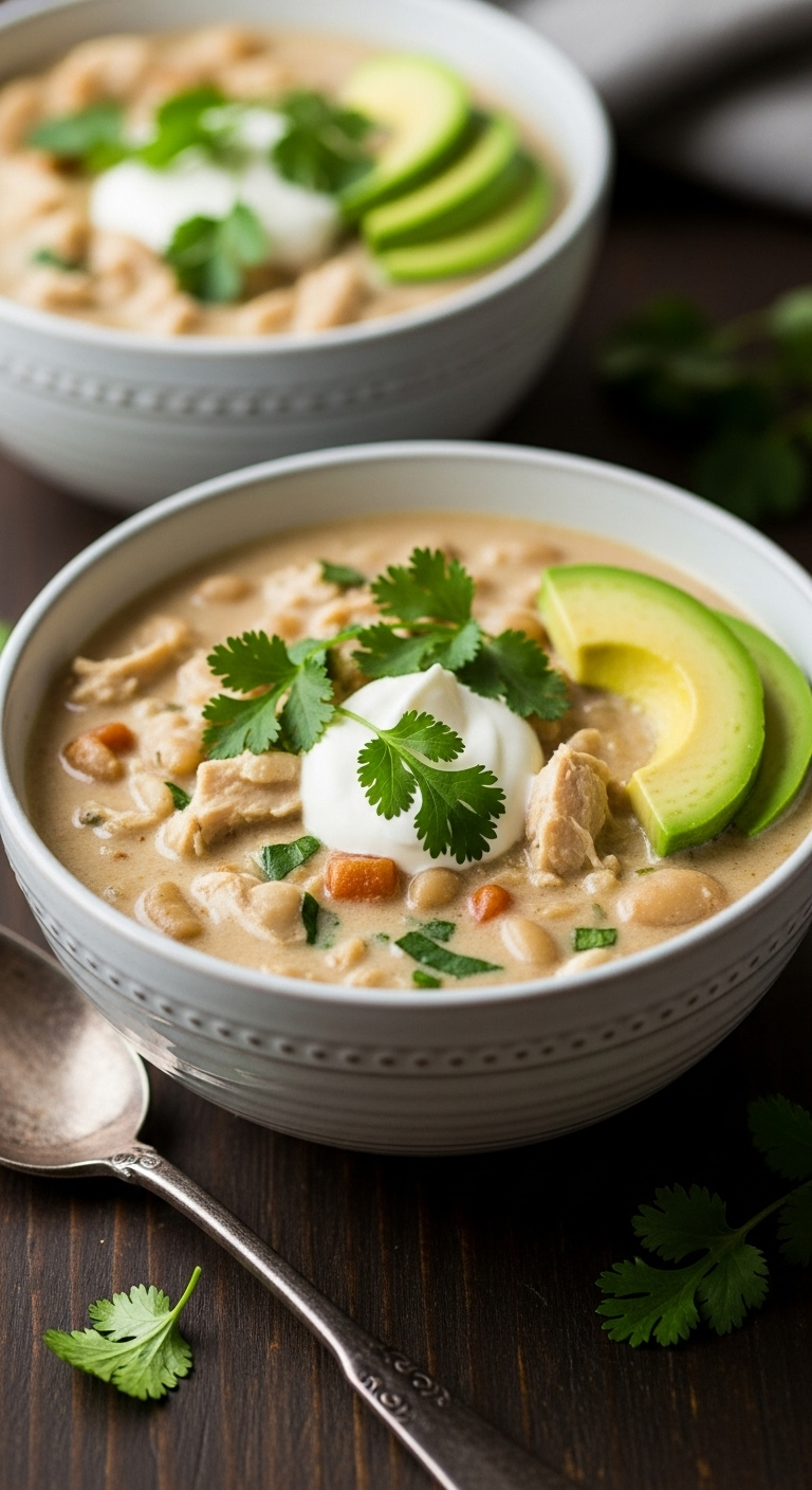 Creamy white chicken chili in a ceramic bowl topped with yogurt swirl, cilantro, and avocado slices, set on a dark wooden surface with cozy lighting for a warm, comforting, and healthy weeknight dinner.