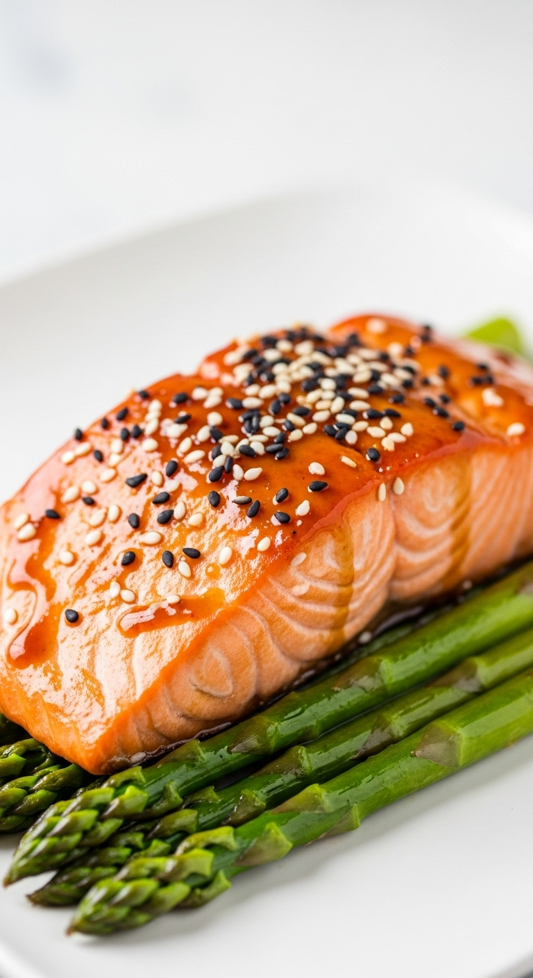 Close-up of glossy teriyaki salmon fillet topped with sesame seeds, resting on a bed of roasted asparagus on a white plate, captured in bright, clean lighting for a healthy and elegant weeknight dinner.