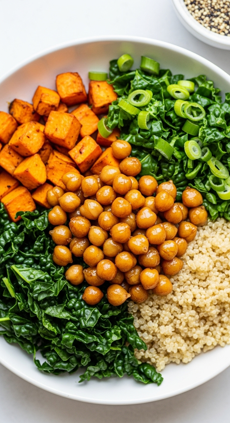Overhead shot of a vibrant power bowl with hot-honey chickpeas, roasted sweet potatoes, quinoa, and kale, arranged in colorful sections in a shallow white bowl under bright, fresh lighting for a healthy weeknight dinner.