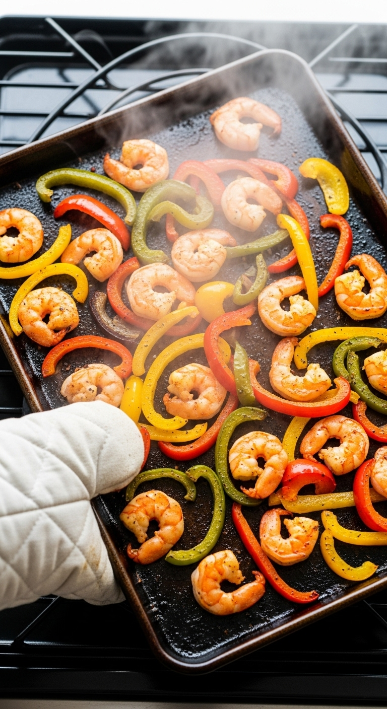 Top-down action shot of a sizzling sheet pan of shrimp fajitas with vibrant bell peppers, steam rising as a hand with an oven mitt pulls it from the oven, capturing the bright, colorful energy of a healthy weeknight dinner.