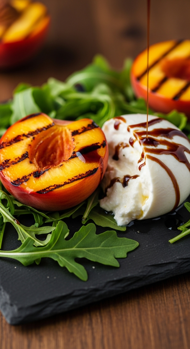 Close-up of grilled peach and creamy burrata salad with arugula and balsamic glaze drizzle on a dark slate platter in warm golden hour light.