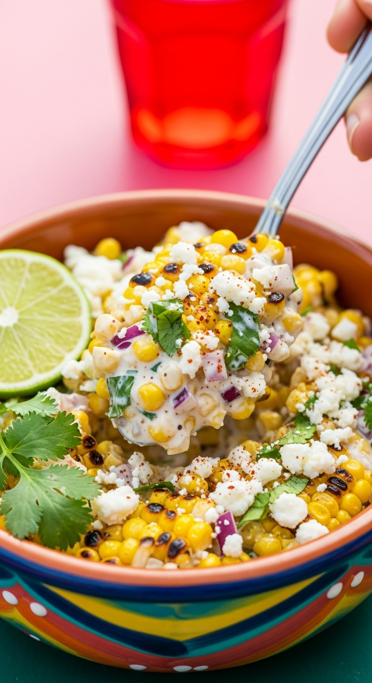 Action shot of creamy Mexican street corn salad with charred kernels, cotija cheese, cilantro, and chili powder being scooped from a colorful terracotta bowl in bright outdoor summer light.