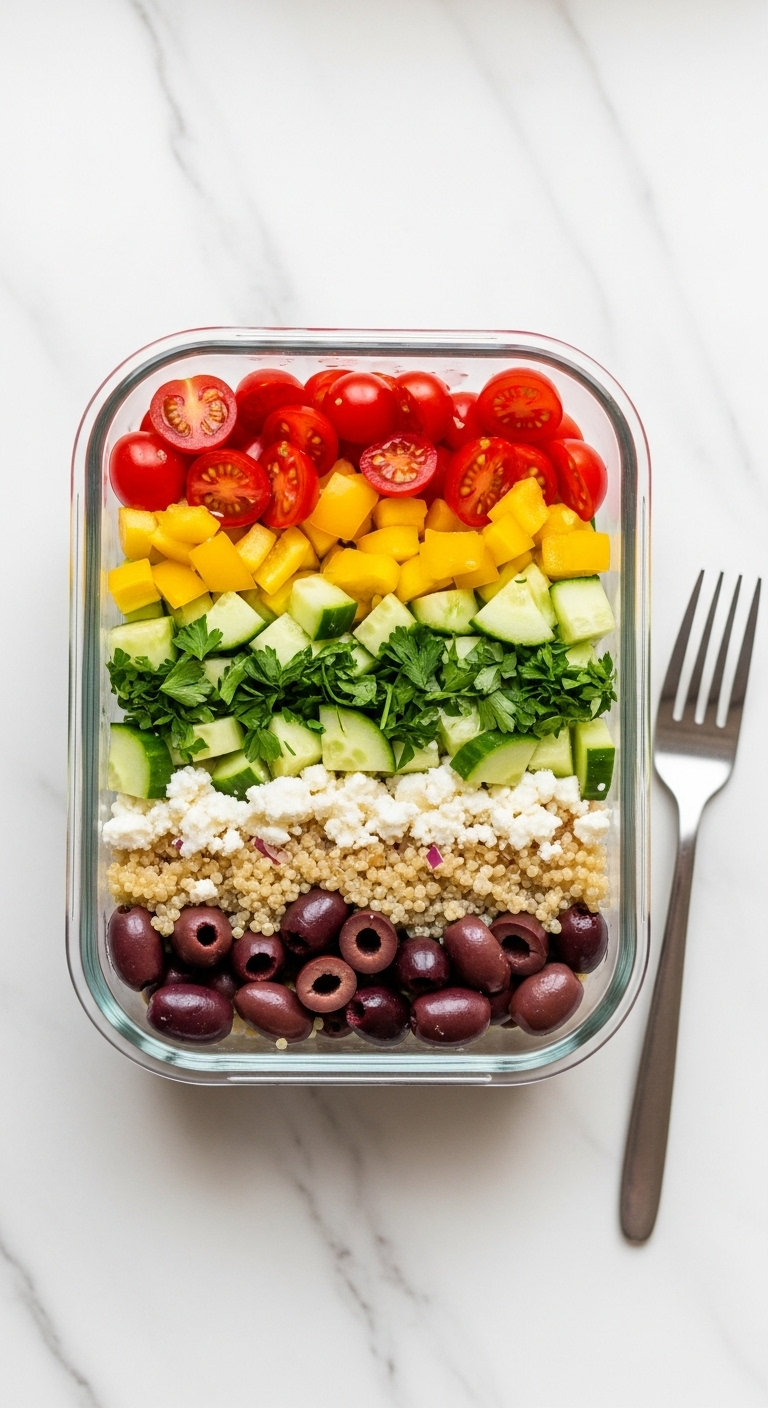 Top-down view of a glass meal prep container filled with colorful Mediterranean quinoa salad featuring tomatoes, cucumbers, parsley, olives, feta, and quinoa on a white marble countertop with a fork beside it.