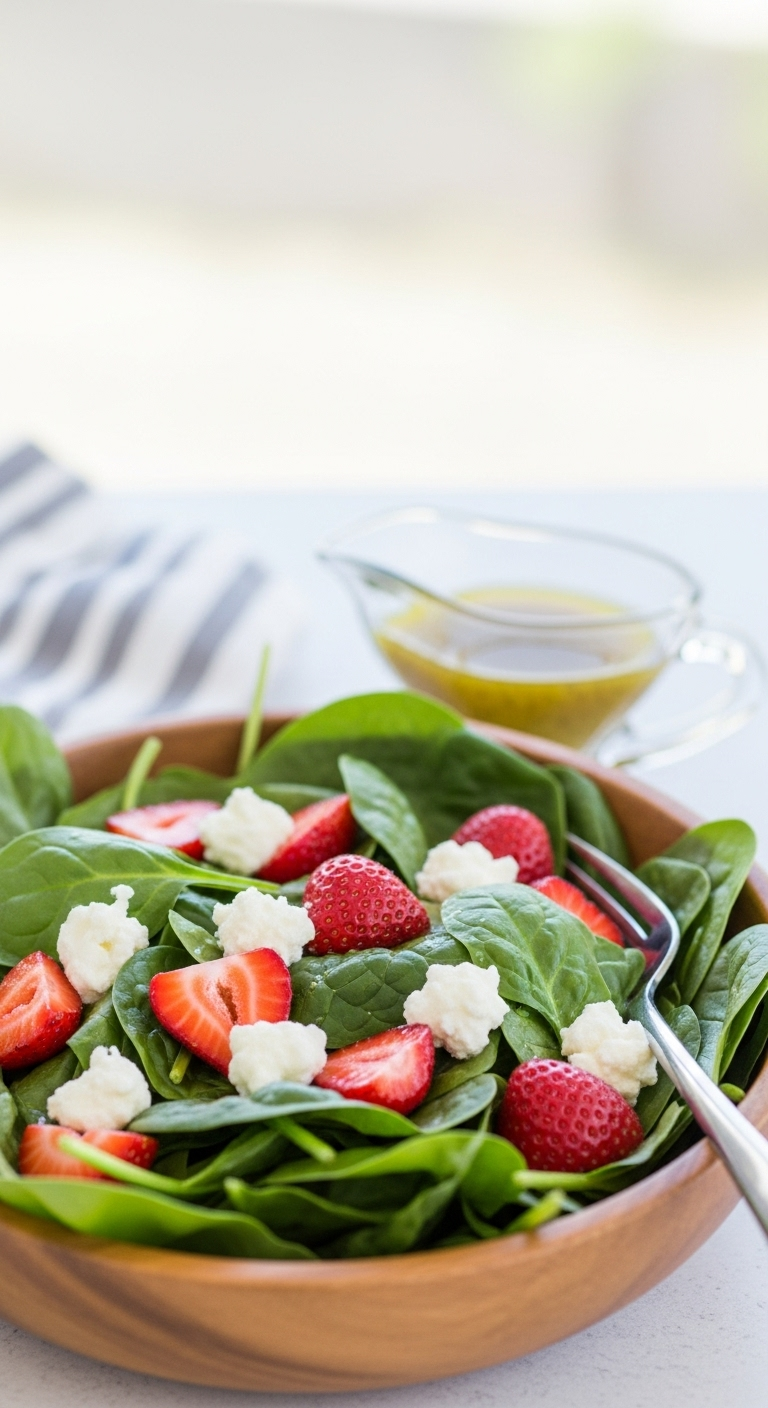 Close-up of summer strawberry spinach salad with fresh spinach, strawberries, and goat cheese in a wooden bowl, accompanied by a glass cruet of poppyseed dressing in bright, sunny afternoon light.