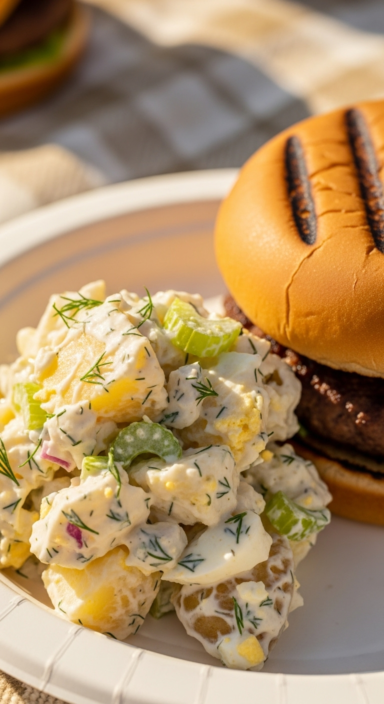 Close-up of creamy dill potato salad scoop with chunks of potato and egg on a paper plate beside a grilled burger bun, set on a blurred picnic blanket in warm, nostalgic afternoon BBQ light.
