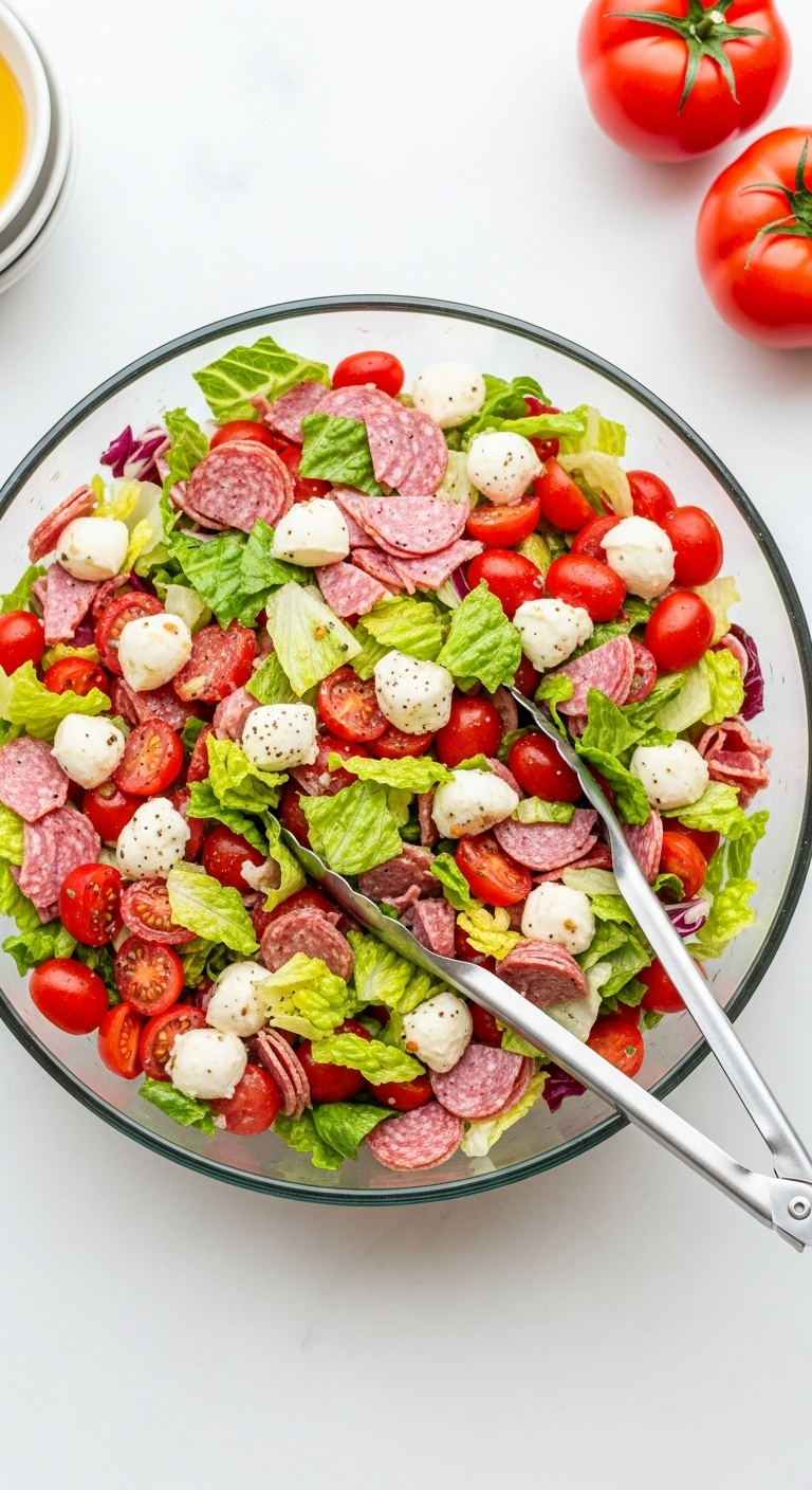 Top-down view of Italian chopped salad with green lettuce, white mozzarella, red tomatoes, and salami in a clear glass bowl with salad tongs in bright, fresh lighting.
