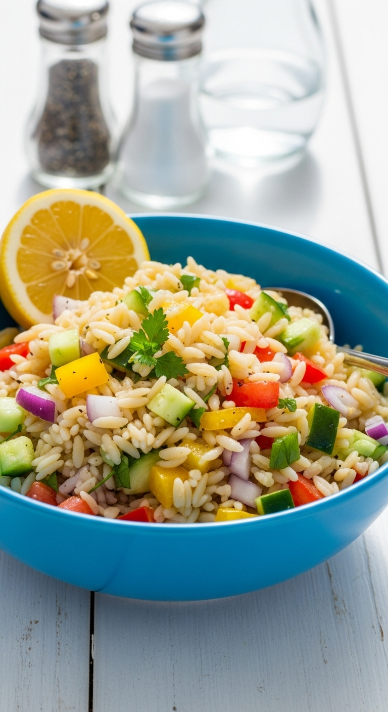 Blue bowl of lemony Greek orzo salad with colorful veggies and lemon wedge on white-washed table, captured in bright Mediterranean sunlight from a 45-degree angle.