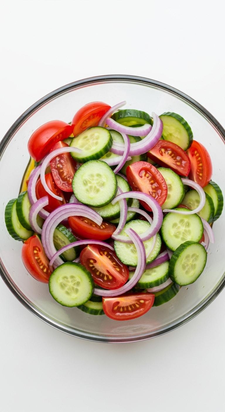 Overhead flat-lay of simple cucumber tomato salad with red tomatoes, green cucumber, and purple onion in a clear glass bowl on white background, glistening with oil and vinegar in bright natural light.